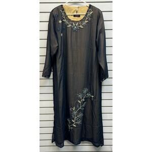 Vtg Sara Kaftan Dress M Abaya Embroidery Blue Sheer Tan Lined Modest Traditional
